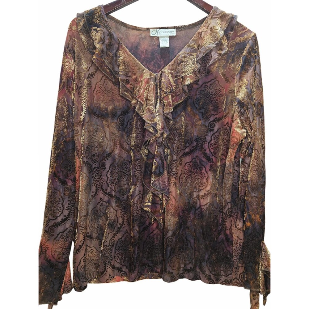 Dressbarn Woman 1X Burnout Velvet Paisley Sheer Split Flutter Sleeve Blouse